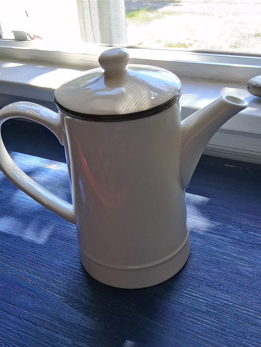 Cost Plus World Market Cream Ceramic Coffee Pot with Black Rim